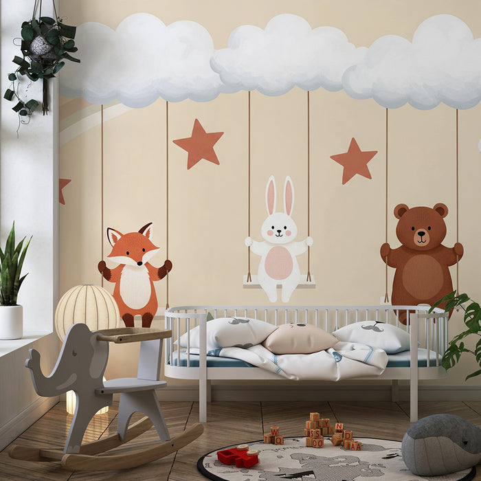 Papel de parede para quarto de bebé | Animais fofos em baloiços com nuvens e estrelas