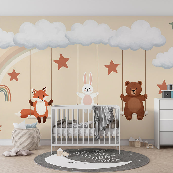 Papel de parede para quarto de bebé | Animais fofos em baloiços com nuvens e estrelas