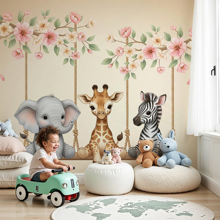 Barntapet | Söta djur på blommande gungor