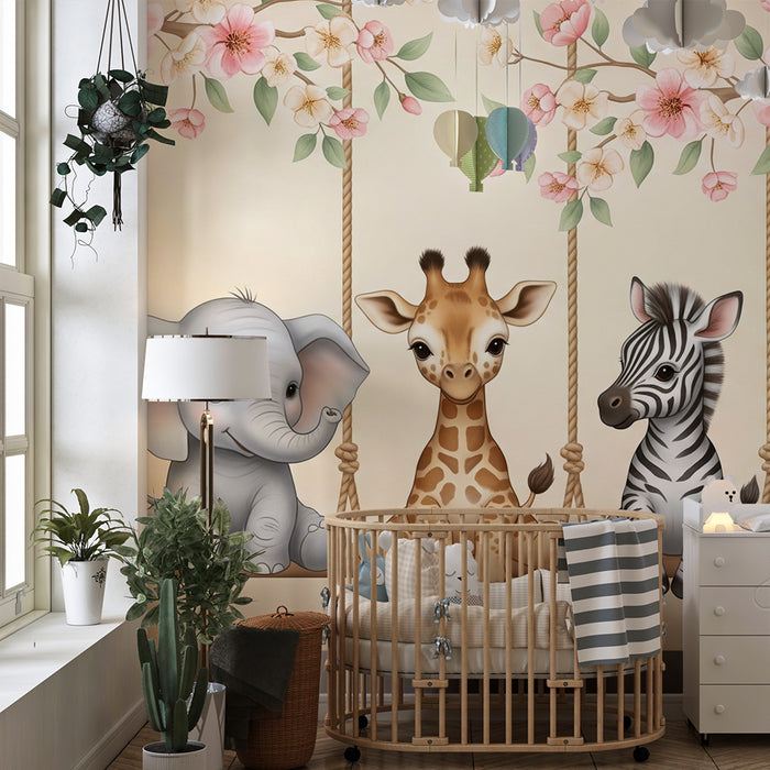 Barntapet | Söta djur på blommande gungor