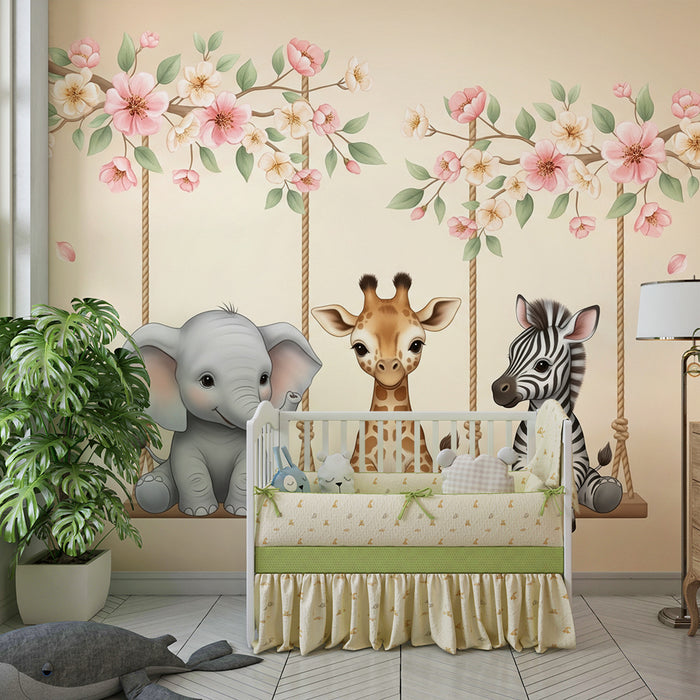 Barntapet | Söta djur på blommande gungor