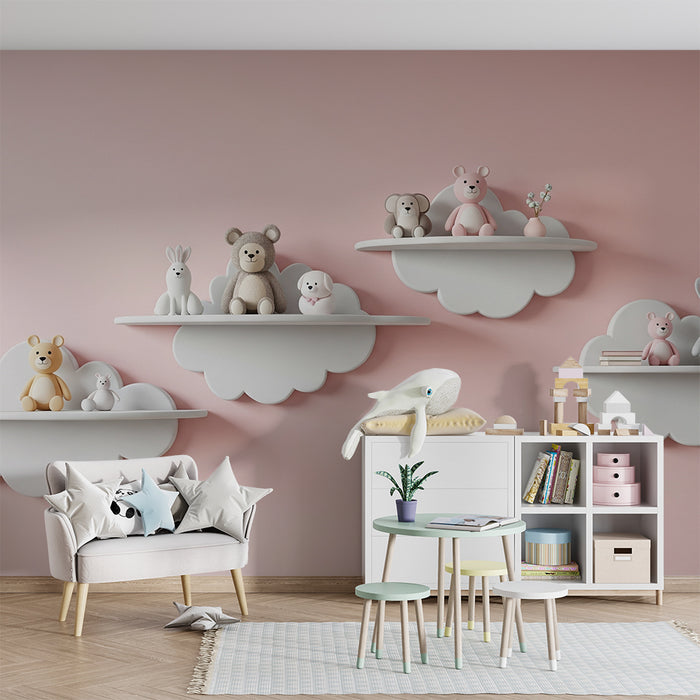 Papel de parede para quarto de bebé | Animais fofos sobre nuvens brancas