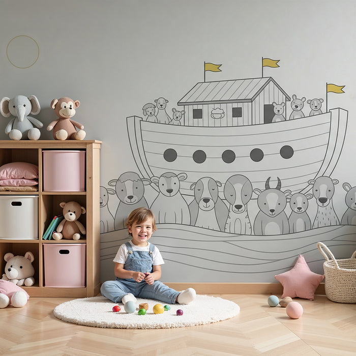 Papier peint chambre bébé | Animaux mignons sur un bateau avec des vagues douces
