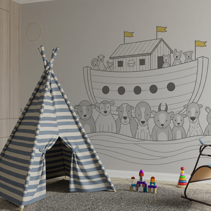 Papier peint chambre bébé | Animaux mignons sur un bateau avec des vagues douces