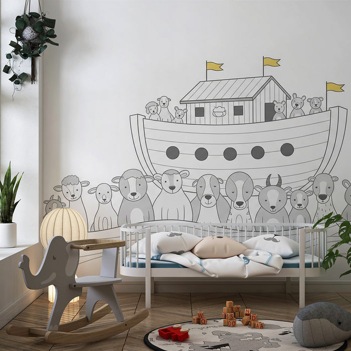 Papier peint chambre bébé | Animaux mignons sur un bateau avec des vagues douces