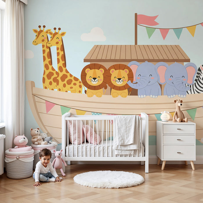 Barntapet | Söta djur på en färgglad båt