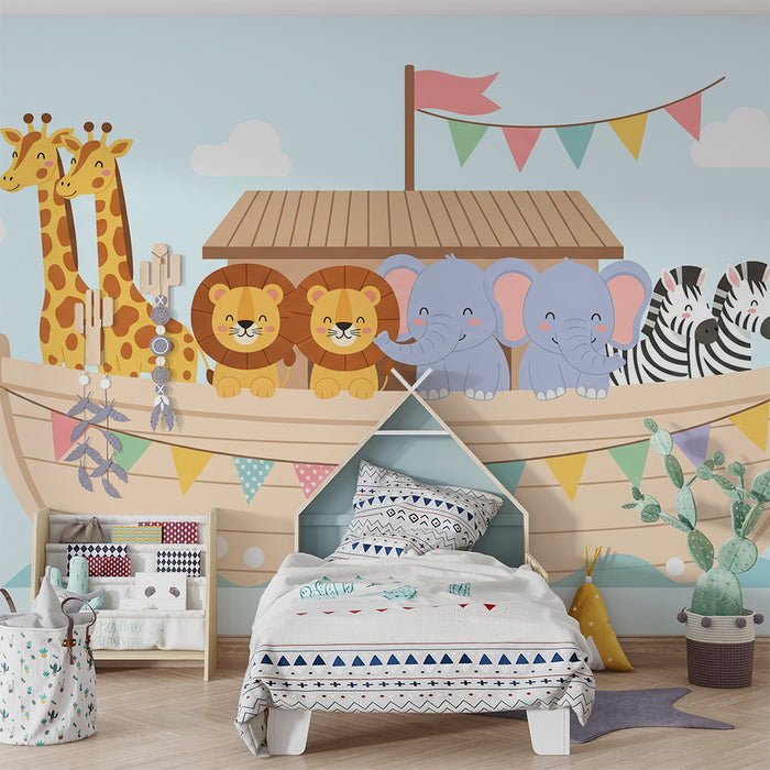 Barntapet | Söta djur på en färgglad båt