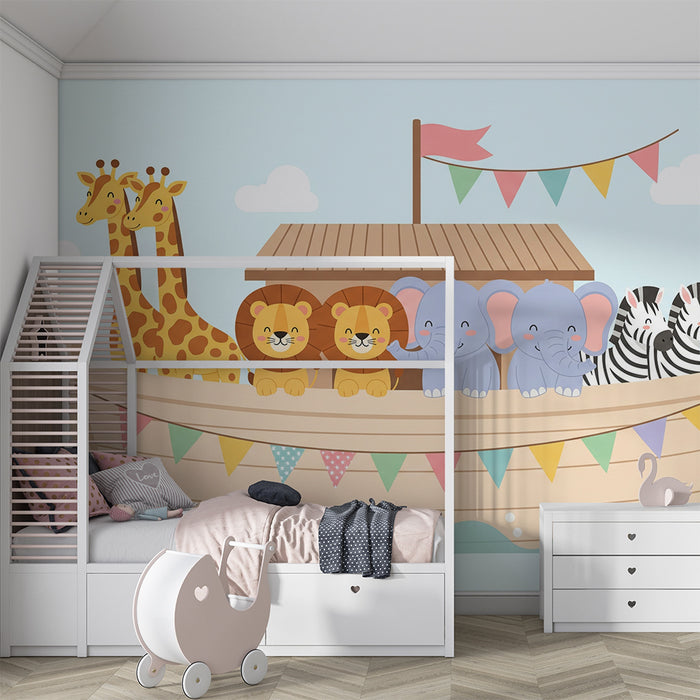 Barntapet | Söta djur på en färgglad båt