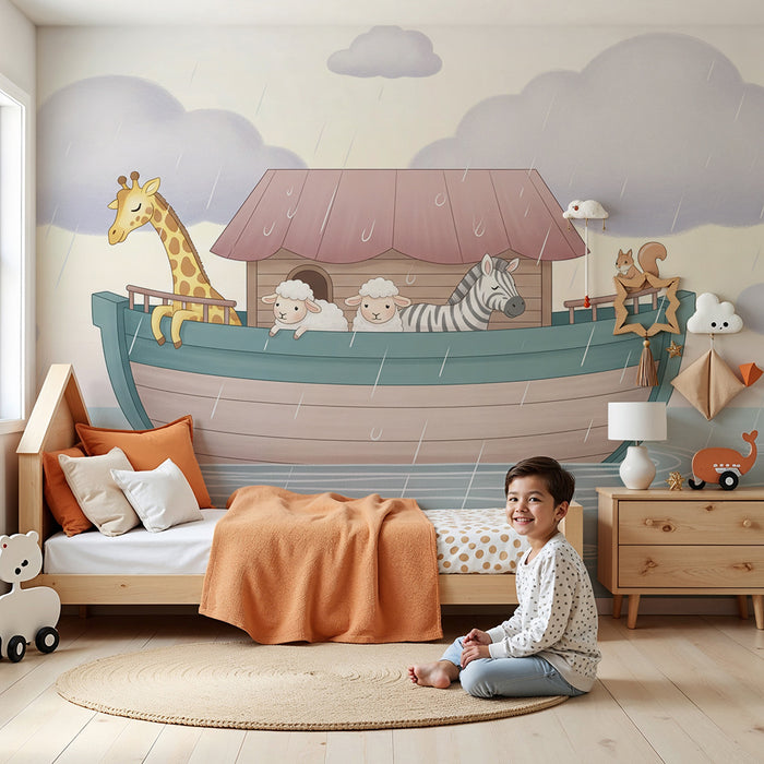 Papier peint chambre bébé | Animaux mignons sur un bateau sous la pluie