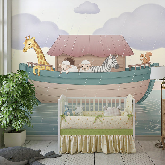 Papier peint chambre bébé | Animaux mignons sur un bateau sous la pluie