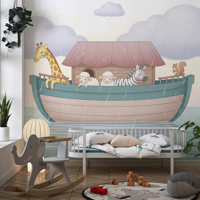 Papier peint chambre bébé | Animaux mignons sur un bateau sous la pluie