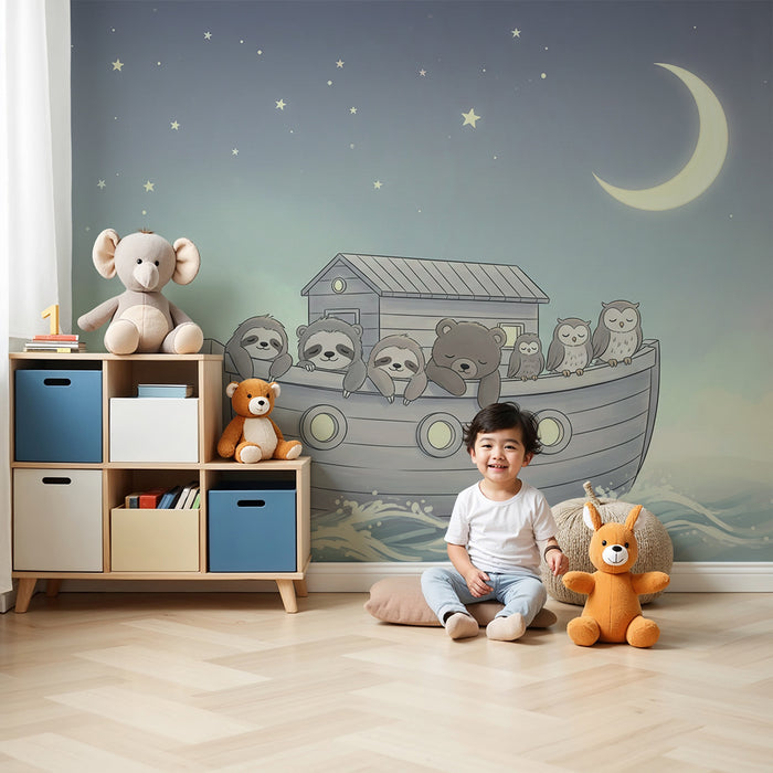 Papier peint chambre bébé | Animaux mignons sur un bateau sous les étoiles