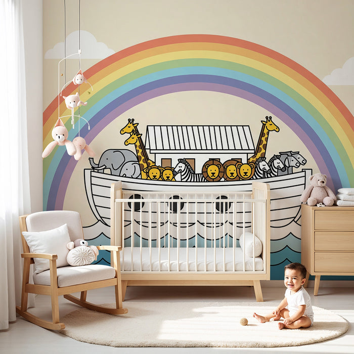 Barntapet | Söta djur på en båt under en regnbåge