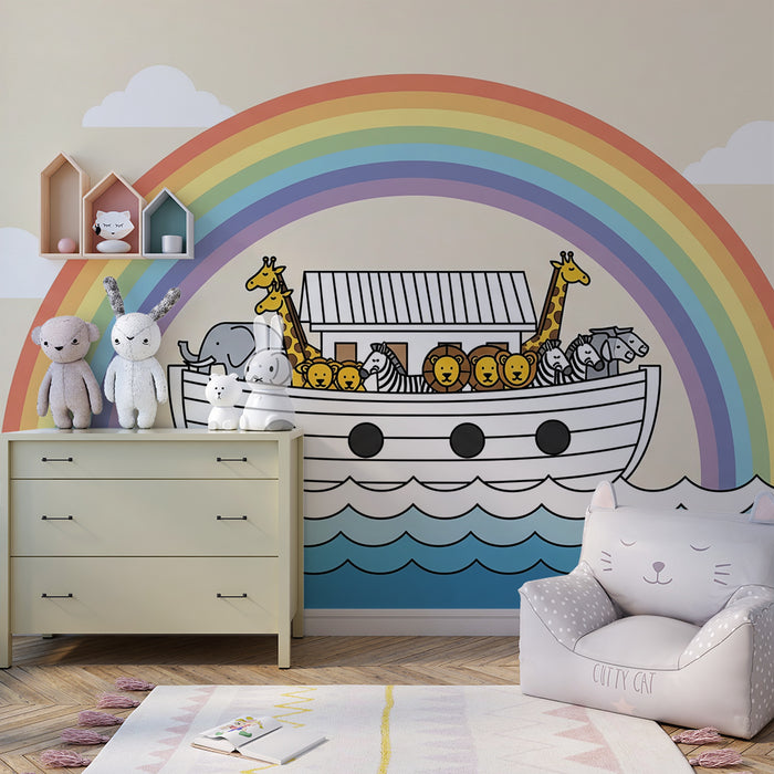 Barntapet | Söta djur på en båt under en regnbåge