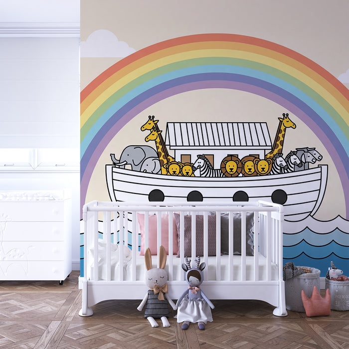 Barntapet | Söta djur på en båt under en regnbåge