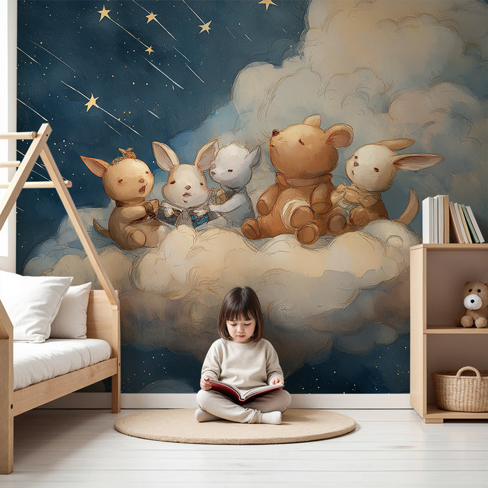 Papier peint chambre bébé | Animaux mignons sur un nuage étoilé