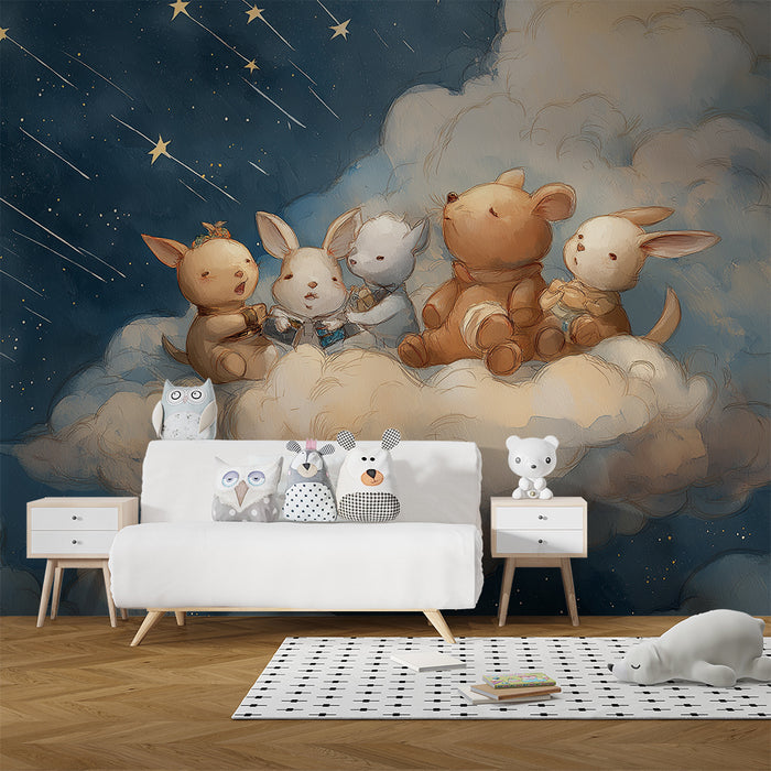 Papier peint chambre bébé | Animaux mignons sur un nuage étoilé