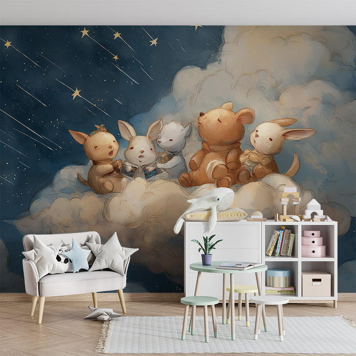 Papier peint chambre bébé | Animaux mignons sur un nuage étoilé