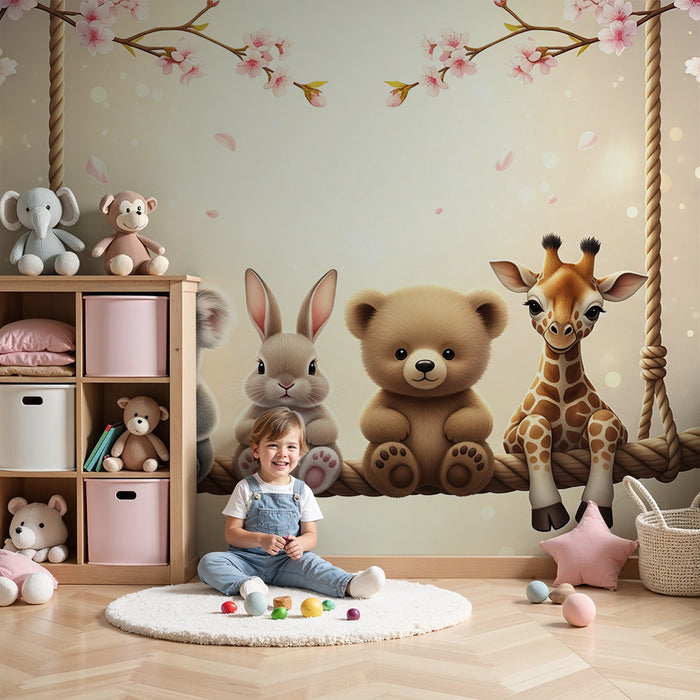 Barntapet | Söta djur på en gunga med körsbärsblommor