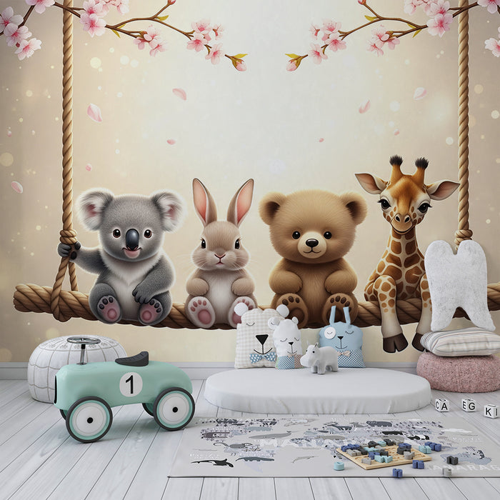 Barntapet | Söta djur på en gunga med körsbärsblommor