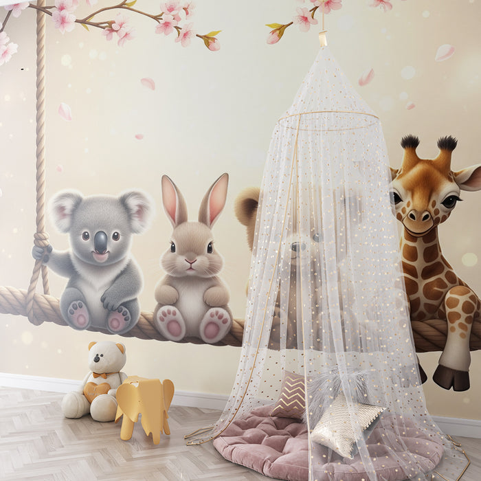 Barntapet | Söta djur på en gunga med körsbärsblommor