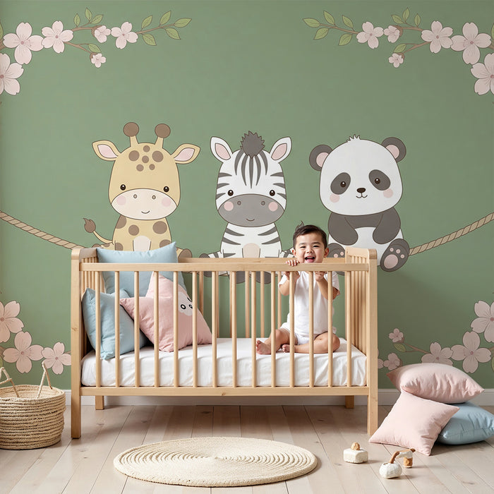 Barntapet | Söta djur på en gungbräda omgivna av blommor