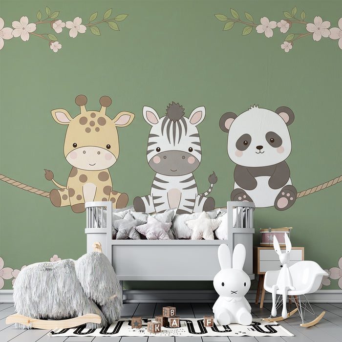 Barntapet | Söta djur på en gungbräda omgivna av blommor