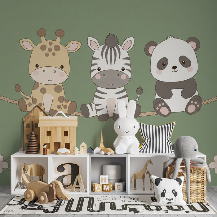 Barntapet | Söta djur på en gungbräda omgivna av blommor