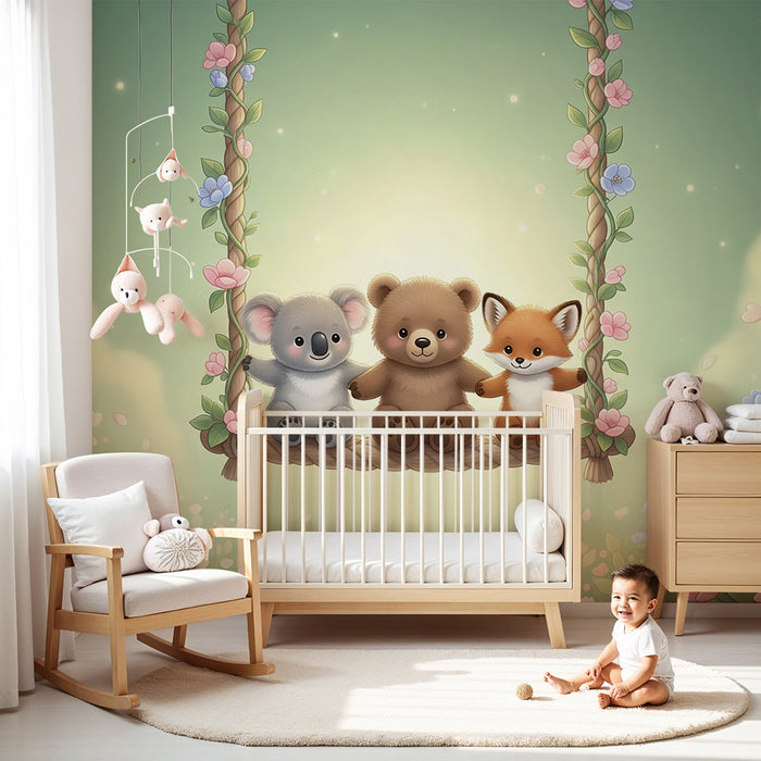 Barntapet | Söta djur på en gunga och blomsteräng