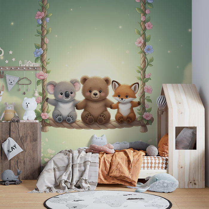 Barntapet | Söta djur på en gunga och blomsteräng