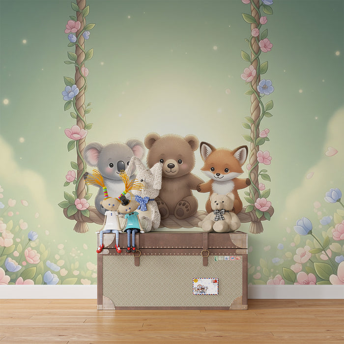 Barntapet | Söta djur på en gunga och blomsteräng