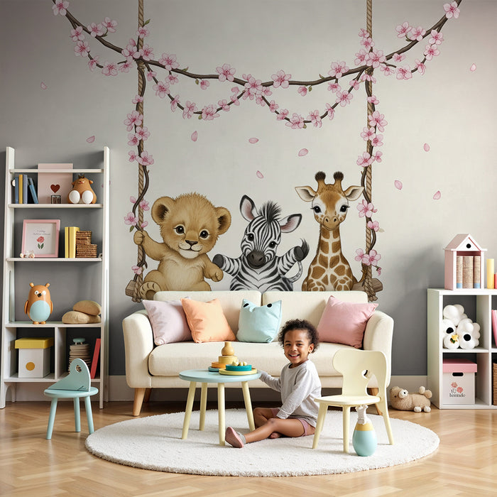 Barntapet | Söta djur på en blommande gungstol