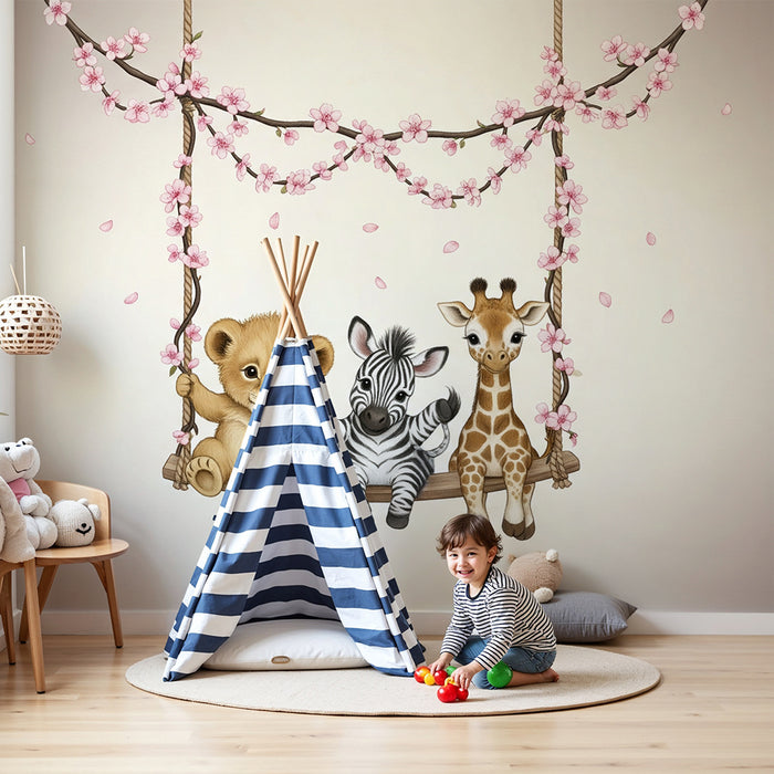 Barntapet | Söta djur på en blommande gungstol