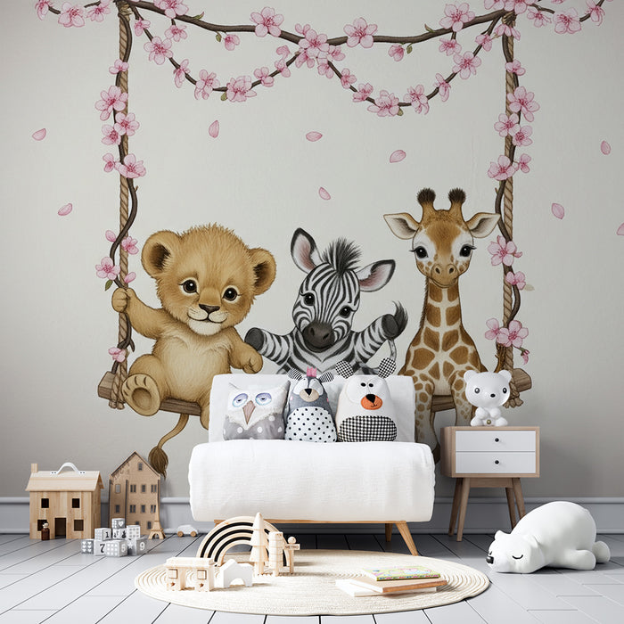 Barntapet | Söta djur på en blommande gungstol