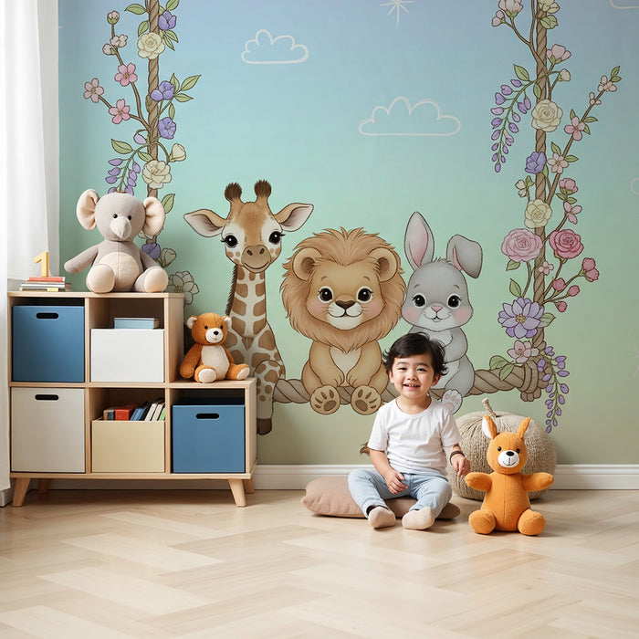 Barntapet | Söta djur på en blommande gungbräda