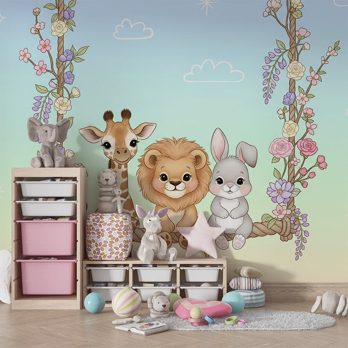 Barntapet | Söta djur på en blommande gungbräda