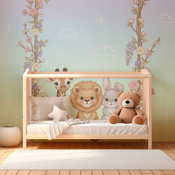 Barntapet | Söta djur på en blommande gungbräda