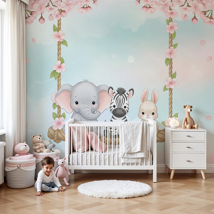 Barntapet | Söta djur på en gungstol under körsbärsträden