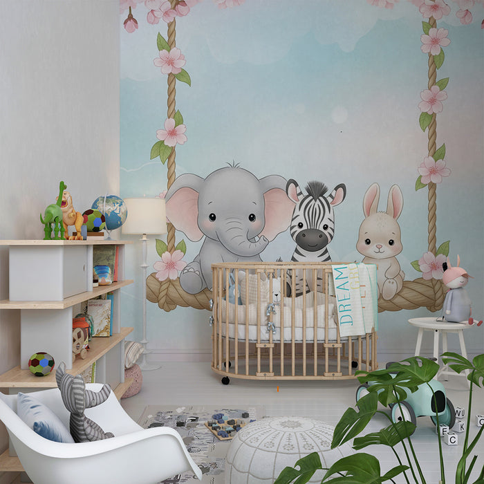 Barntapet | Söta djur på en gungstol under körsbärsträden