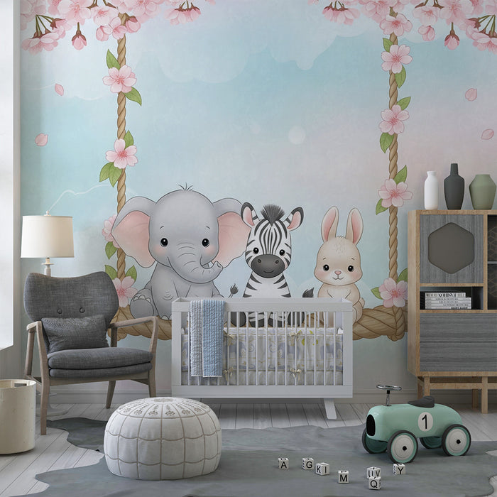 Barntapet | Söta djur på en gungstol under körsbärsträden