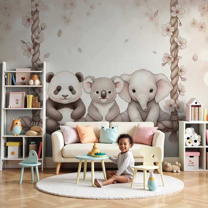 Barntapet | Söta djur på en gungstol i beige