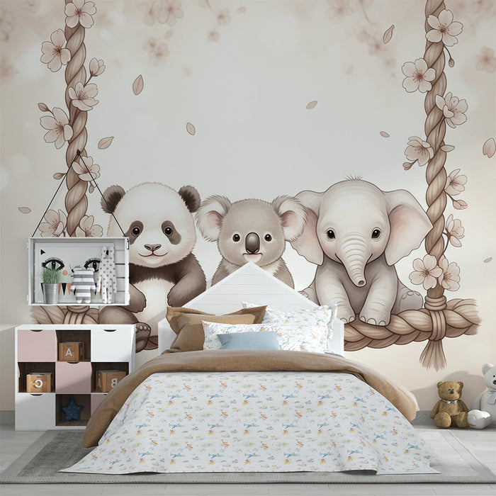 Barntapet | Söta djur på en gungstol i beige