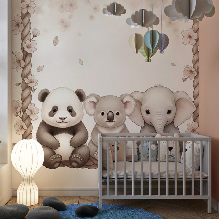 Barntapet | Söta djur på en gungstol i beige