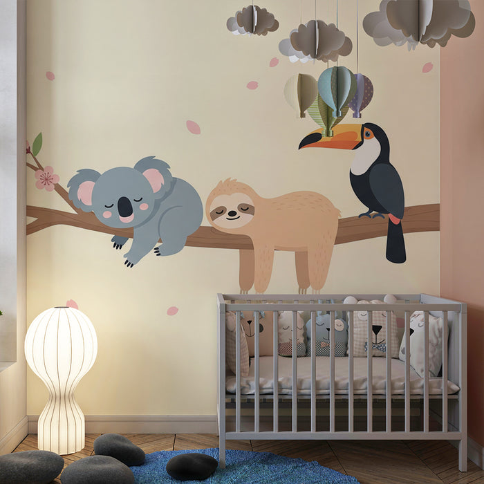 Barntapet | Söta djur på en gren med delikata blommor