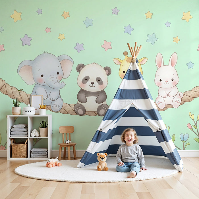 Barntapet | Söta djur på en rep i barnstil