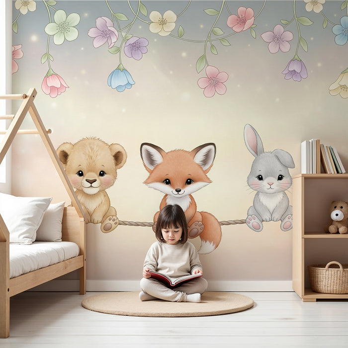 Barntapet | Söta djur på en snöre med blommor