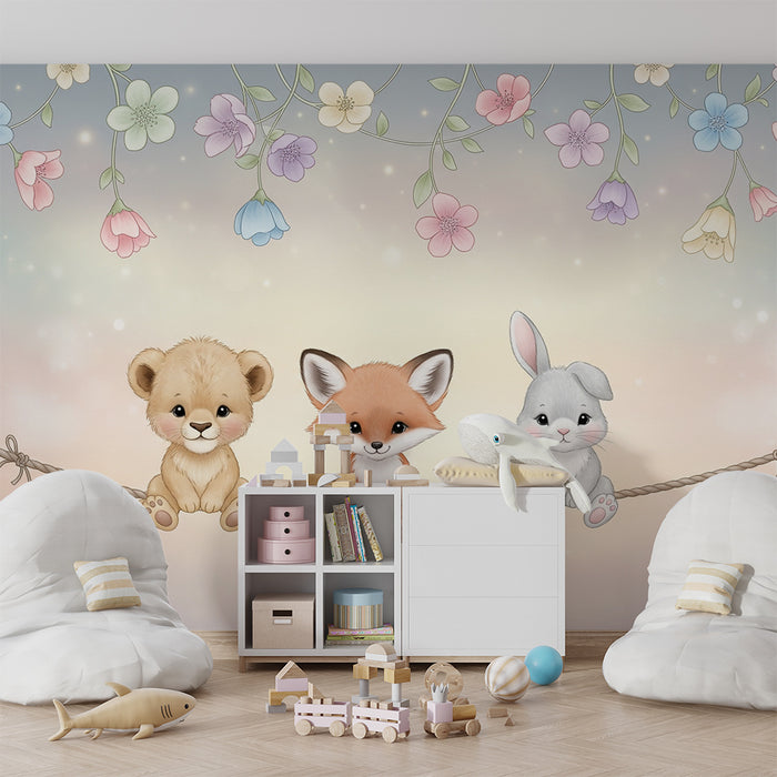 Barntapet | Söta djur på en snöre med blommor