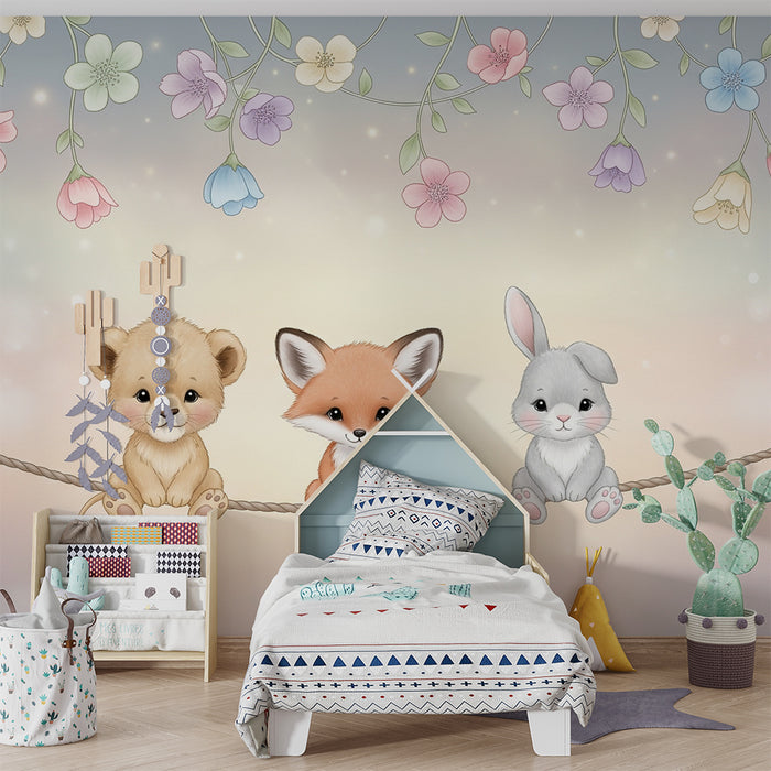 Barntapet | Söta djur på en snöre med blommor