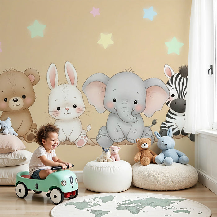 Barntapet | Söta djur på en snöre med stjärnor i bakgrunden