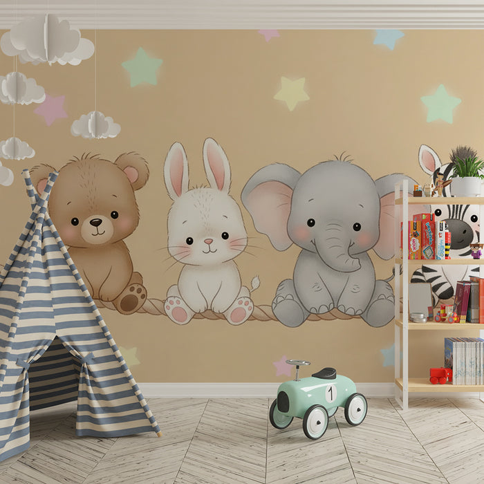 Barntapet | Söta djur på en snöre med stjärnor i bakgrunden